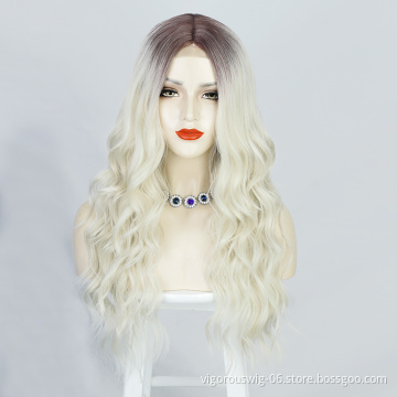 Vigorous Hot Selling Long Body Wave Ombre Gray to Blonde Heat Resistant Fiber For Black Women Synthetic Lace Hair Wigs
